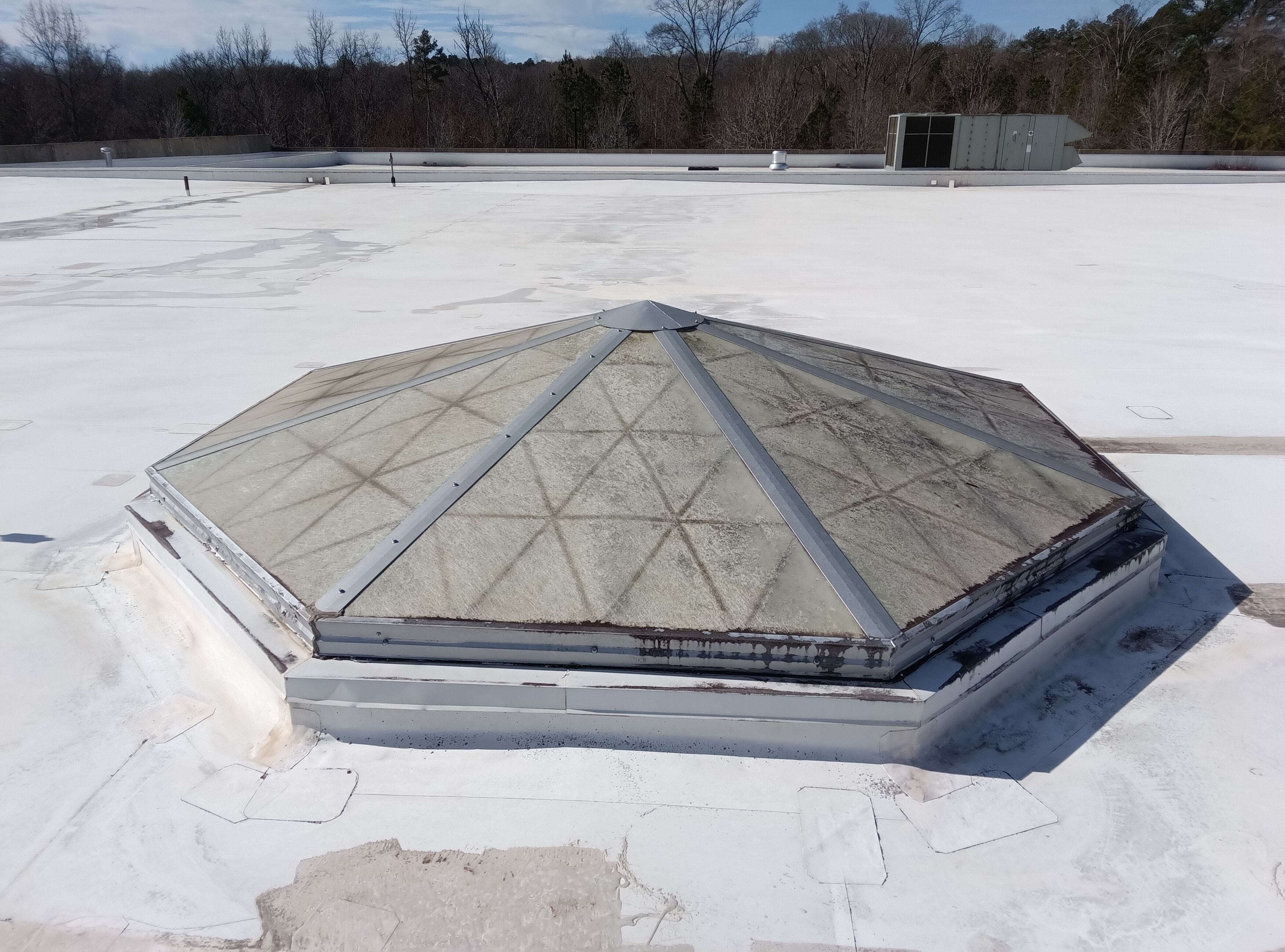 Fort Mill commercial roof before coating — deterioration near rooftop equipment