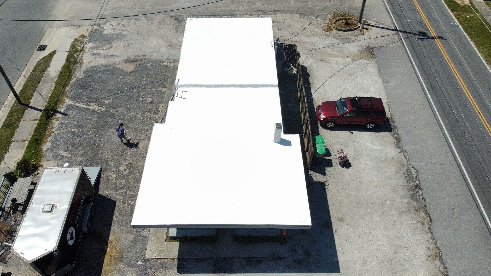 Little River Cafe completed roof coating — top-down aerial view